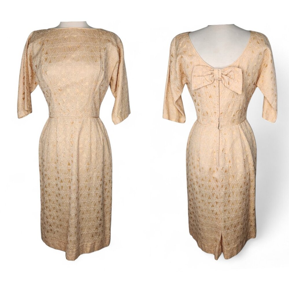 1960s Joan Lee of New York Pale Gold Lace Vintage Wiggle Dress Size S